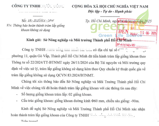Thông báo hoàn thành trám lấp giếng khoan